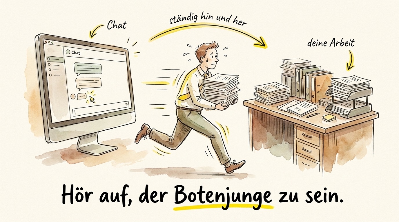 Illustration: Ein Mann rennt mit Papierstapeln zwischen Chat-Fenster und Schreibtisch hin und her. Unterschrift: Hör auf, der Botenjunge zu sein.