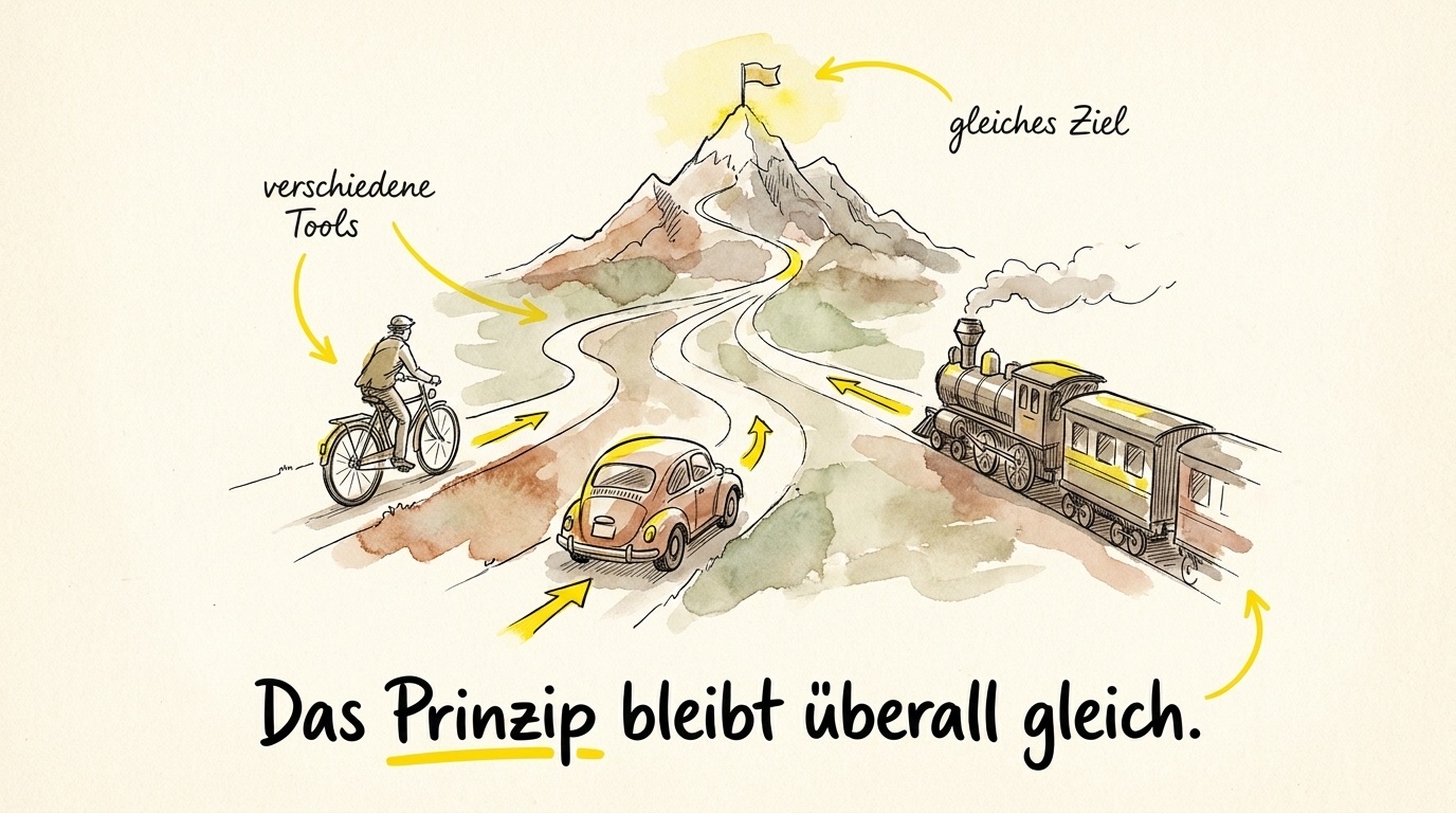 Illustration: Fahrrad, Auto und Zug nehmen verschiedene Wege auf denselben Berggipfel. Unterschrift: Das Prinzip bleibt überall gleich.